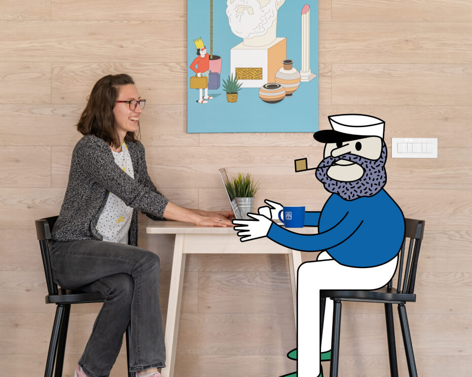 lady sitting in front of sailor illustration