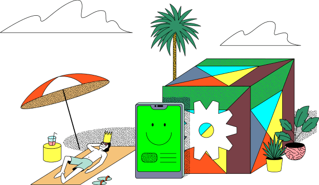 colorful cube, tablet, man on a beach, illustrated