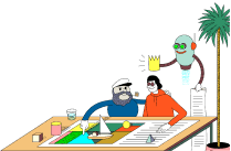 Productdock, figures, sailor, robot, hipster looking at a map