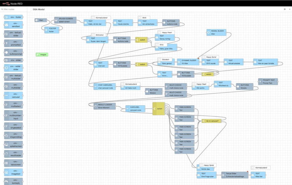 Screenshot of a Node-RED interface showing a visual workflow with connected nodes for text, buttons, sliders, and chat components.
