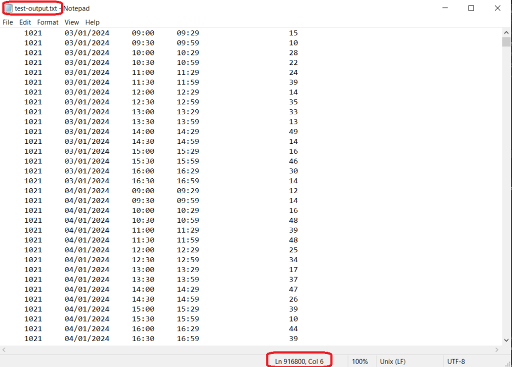 Notepad displaying "test-output.txt" with timestamped data; cursor at line 916800, column 6, file encoded in UTF-8.