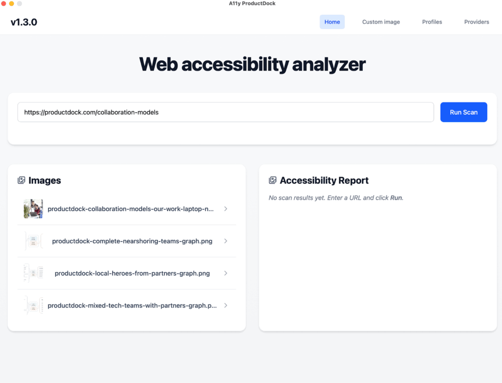 Web accessibility analyzer interface, featuring an input field for URL, a 'Run Scan' button, an image list, and an empty report section.