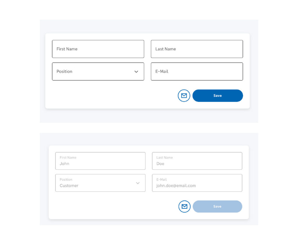 Form with fields for first name, last name, position, and email, showing empty and filled states with a Save button.
