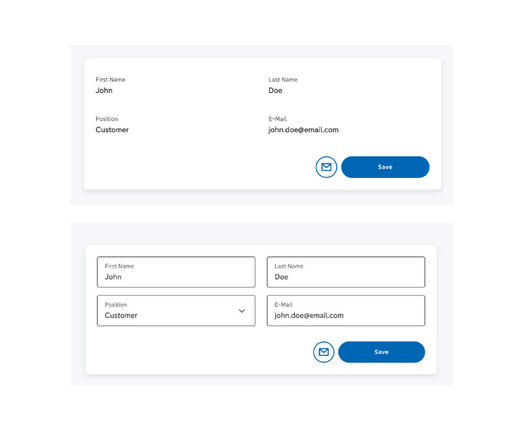 User profile form showing read-only and editable states with name, position, email fields, and Save button.