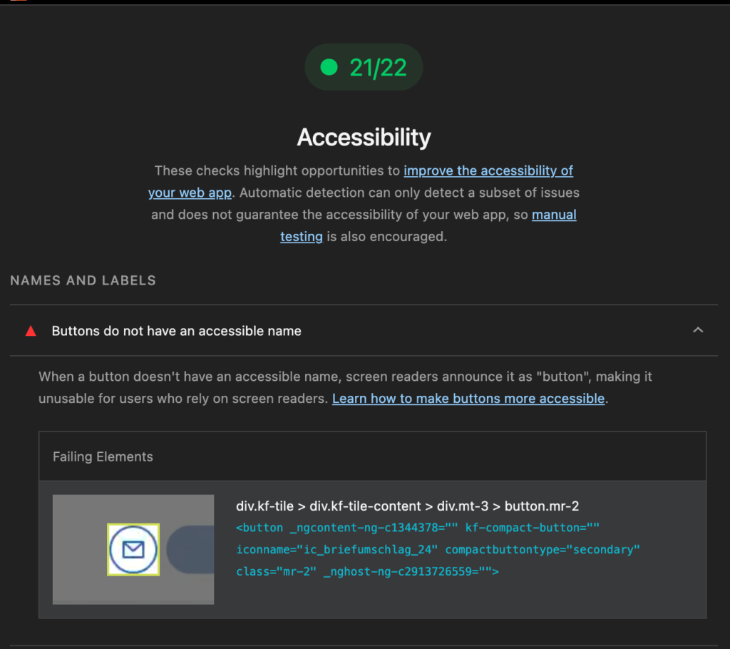Accessibility audit showing a warning that a button lacks an accessible name, with failing element highlighted.