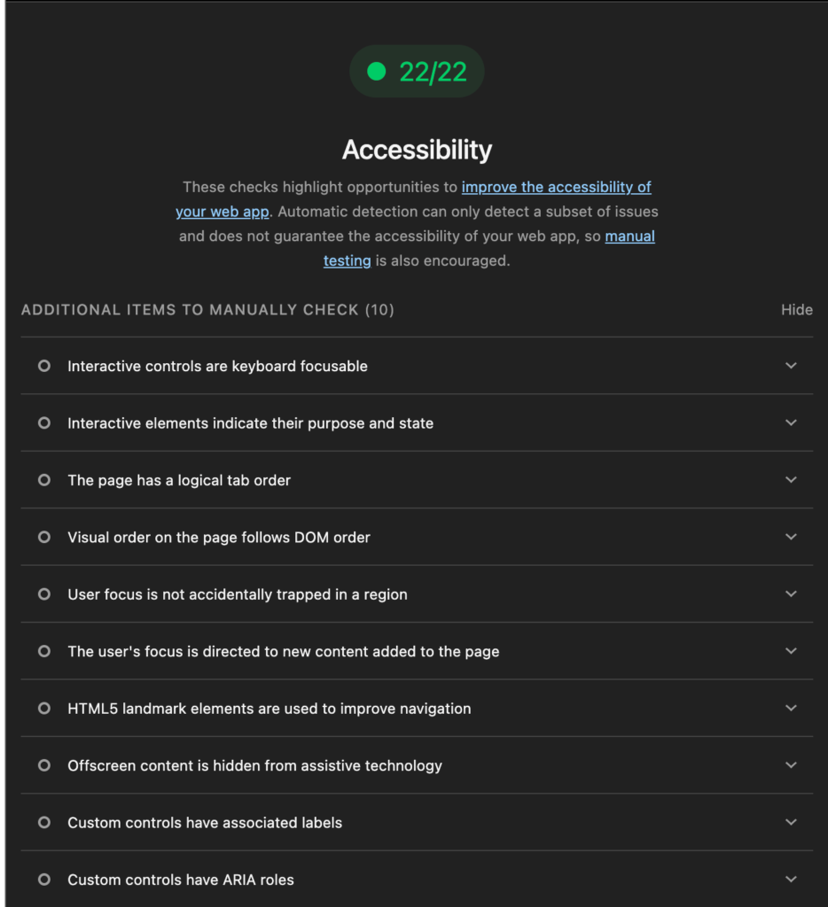 Accessibility audit showing all checks passed, with a list of additional items recommended for manual review.
