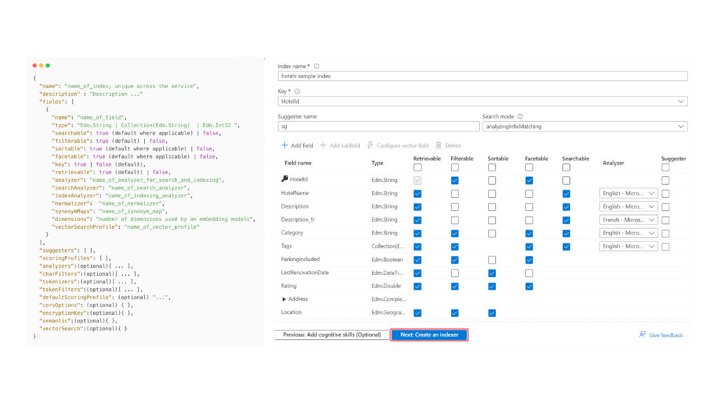 Comparison of Azure AI Search index configuration in JSON and the Azure portal interface for defining searchable fields.