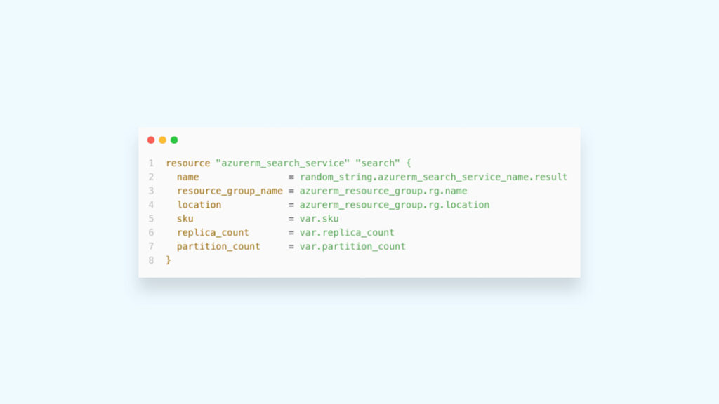 Terraform configuration snippet for provisioning an Azure AI Search service with resource group, location, SKU, replicas, and partitions.