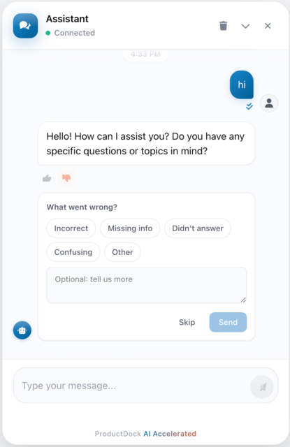 AI chat interface showing a bot greeting and an open negative feedback form asking 'What went wrong?' with options.