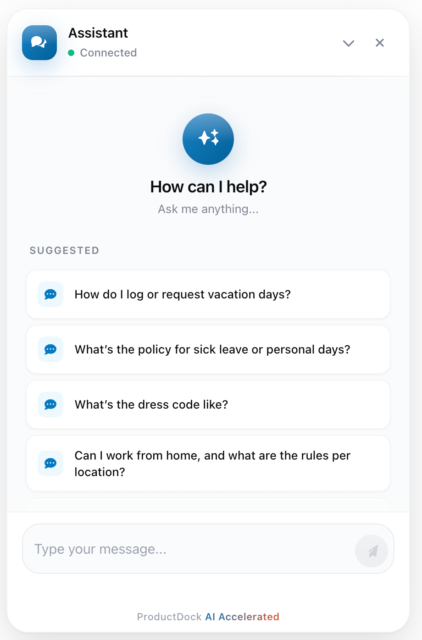 ProductDock AI chat assistant interface showing 'How can I help?', suggested HR questions, and a text input field.