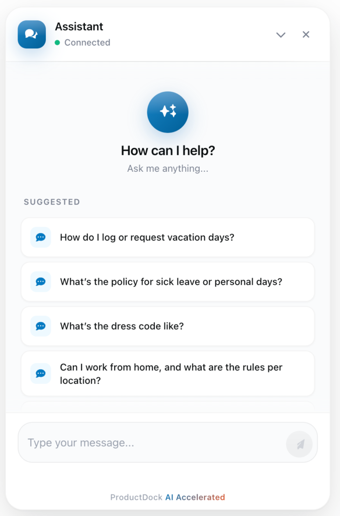 ProductDock AI chat assistant interface showing 'How can I help?', suggested HR questions, and a text input field.